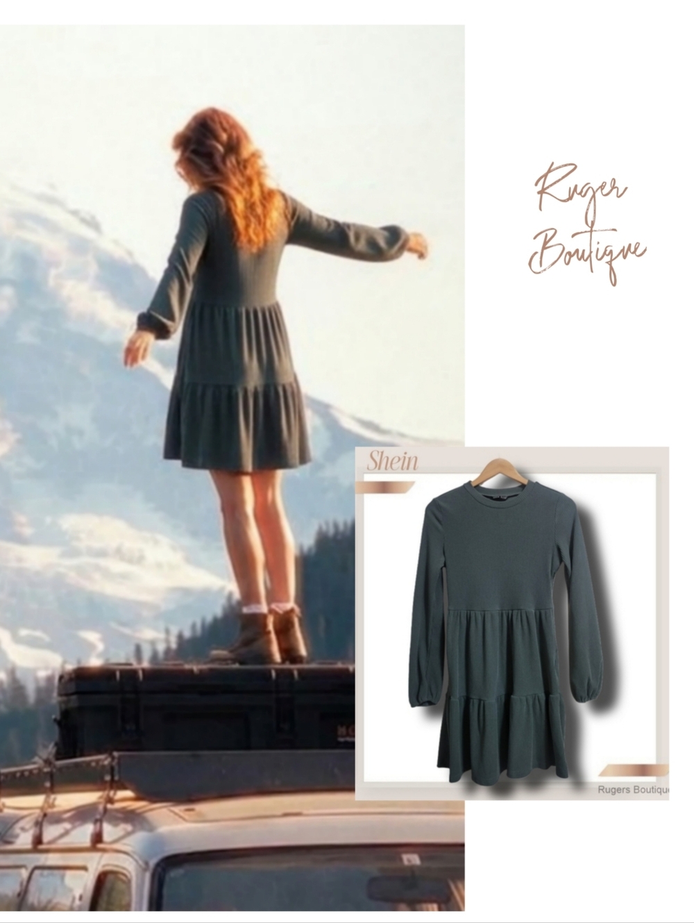 🌿Shein Womens Small Green Rib Knit Tiered Long Sleeve Dress